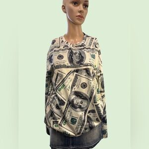 100 Dollar Bill Print Long Sleeve Round Neck Pullover Sz M